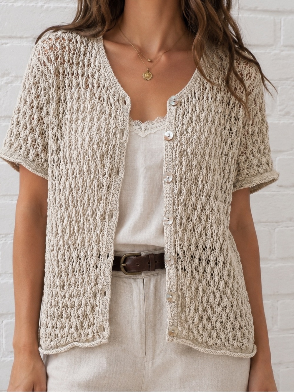 Vintage Susan Bristol Cotton Ramie Open Knit Cardigan Top Cottagecore M
